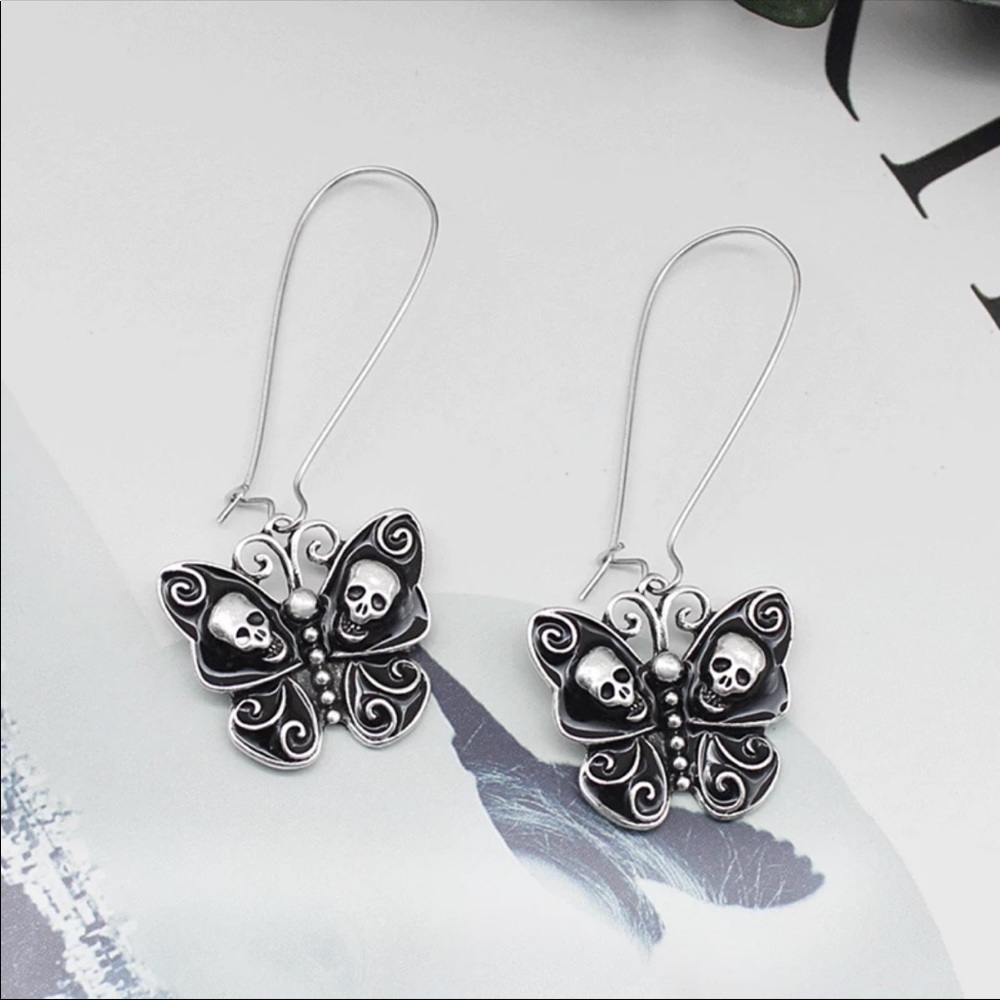 Butterfly with Skulls Drop Earrings - Picture 1 of 3